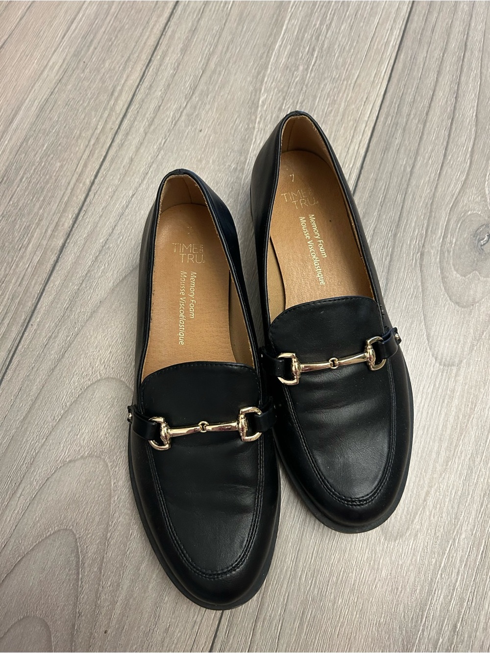 Time and Tru Black Loafers with Gold Bit Detail